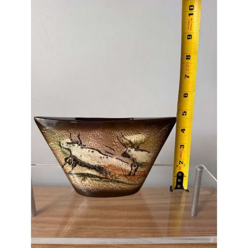 Vintage Sayei Japan MCM Pottery Vase Lascaux Cave Art Bulls Tribal Ceramic
